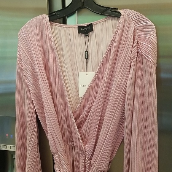 💕BARDOT Bellissa Long Sleeve Faux Wrap Dress Sorbet Pink Metallic Shine XL NWT - Picture 9 of 16